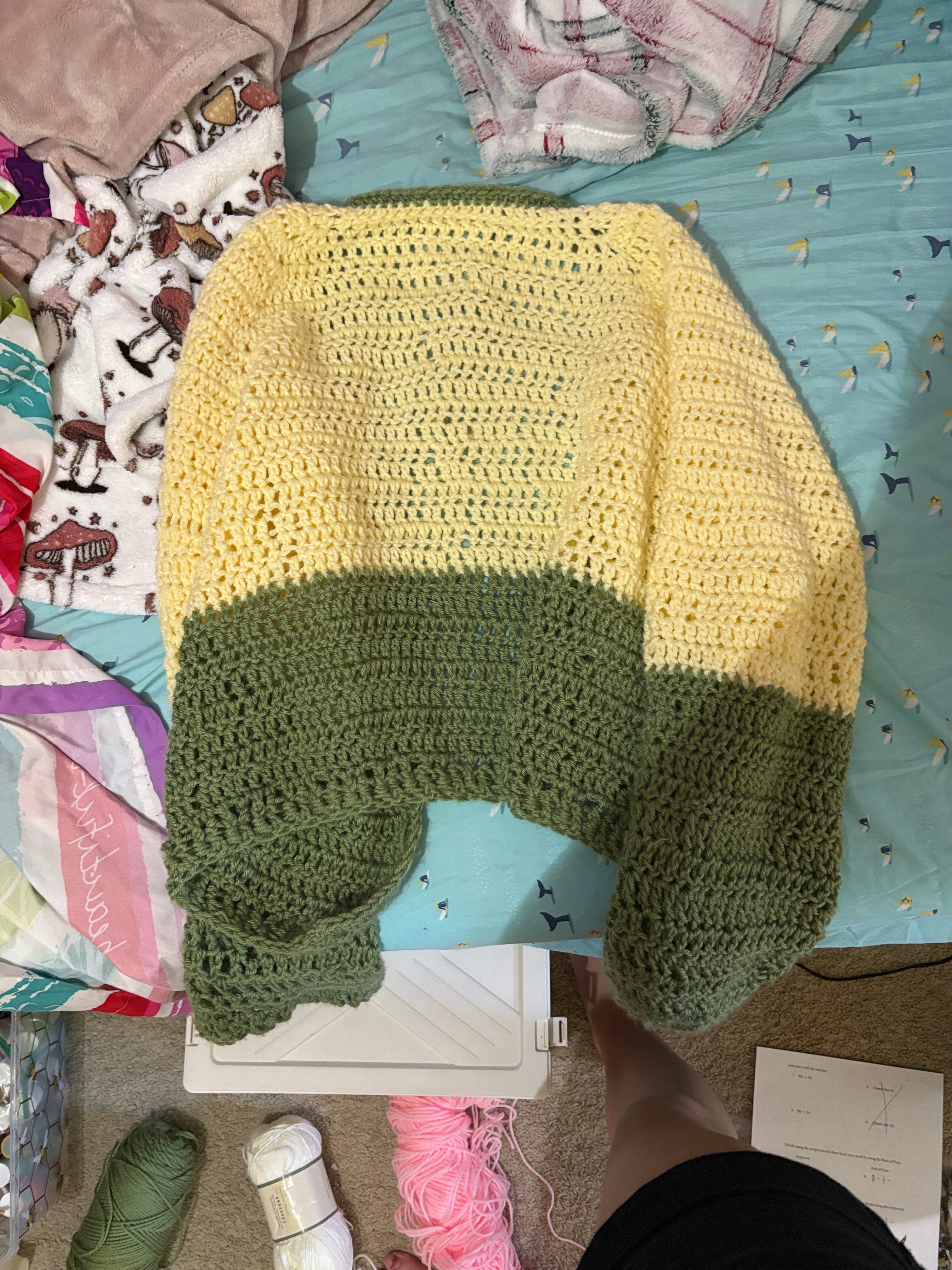 Yellow and green two tone crocheted sweater